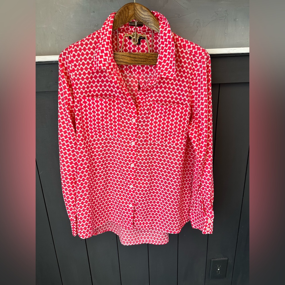 Tommy Hilfiger Coral White Retro Pattern Silk Like Button Down‎ Oversize Top XL